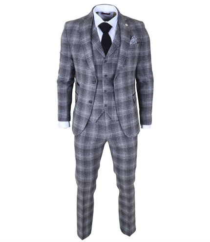 Men's Formal Grey Tweed  3 Piece Check Vintage Gatsby Style Suit