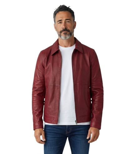 Mens Leather Red Harrington Collar Biker Jacket - Alpha