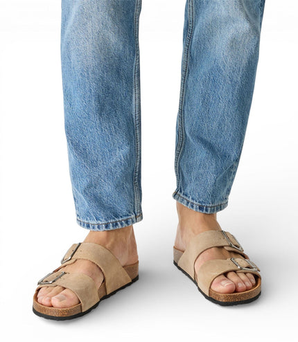 Tamaris Men's Sand Beige Leather Slip-On Footbed Slipper Sandals