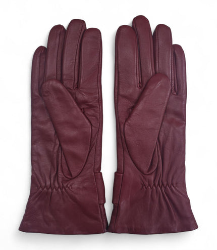 Womens Burgundy Red Italian Leather Winter Bow Design Soft Wool Lining Gloves - L-GLV-401