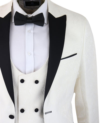 Mens Beige Tuxedo Blazer Waistcoat Brocade Ivory Satin Paisley Dinner Jacket