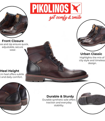 Pikolinos Men's Olmo Brown Leather Zip & Lace Up Ankle Boots - York