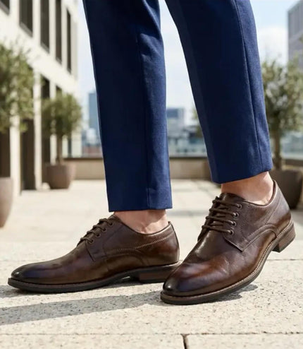 Men's Brown Classic Plain Toe Lace-Up Derby Oxford Formal Lace-Up Brogue Shoes