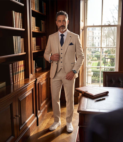Men's Cream Checked Tailored Fit Suit - Regent