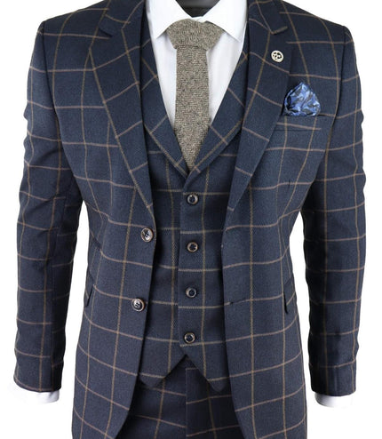 Mens Navy Blue Check 3 Piece Tweed Suit Peaky Blinders 1920s Gatsby Tailored Fit