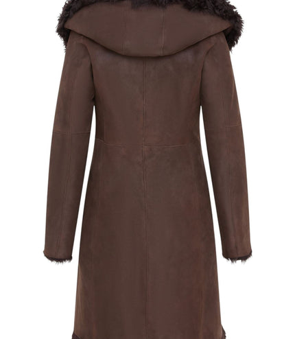 Womens Brown Toscana Sheepskin Leather Hooded Trench Coat - Coast