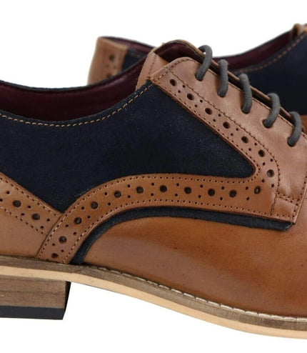 Mens Classic Navy Suede Oxford Brogue Derby Shoes In Tan Leather