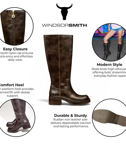Windsorsmith Womens Espresso Brown Faux Leather Knee-High Riding Boots - Technique