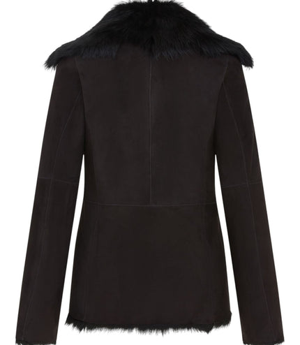Women's Black Sheepskin Toscana Shearling Suede Leather Jacket - Noir