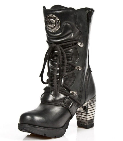 Rear heel view of New Rock Tr003-S1 boots showing silver metallic heel block