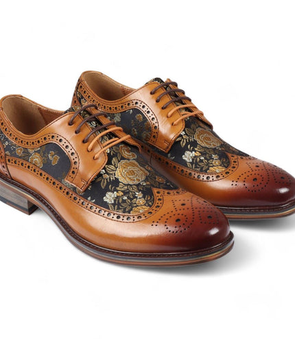 Justin Reess Men's Brown Leather Floral Print Brogue Dress Shoes - Ross