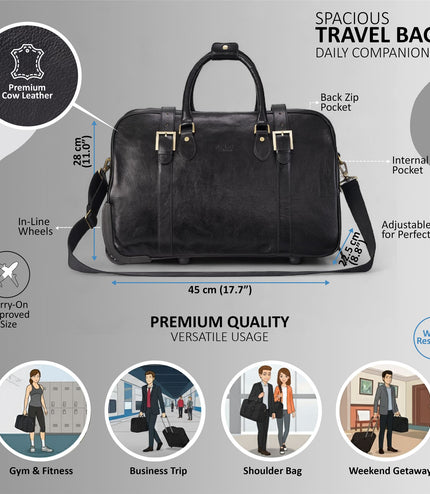 Genuine Leather Black Wheeled Holdall Duffle Travel Cabin Bag - Holt