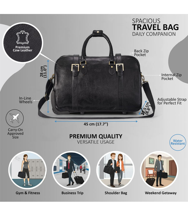 Genuine Leather Black Wheeled Holdall Duffle Travel Cabin Bag - Holt
