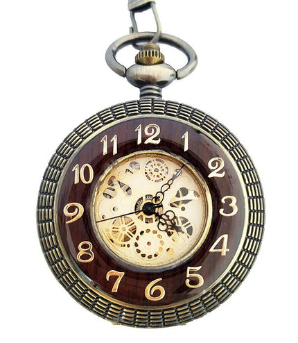 Antique Gold Wooden Half-Hunter Skeleton Alloy Pocket Watch
