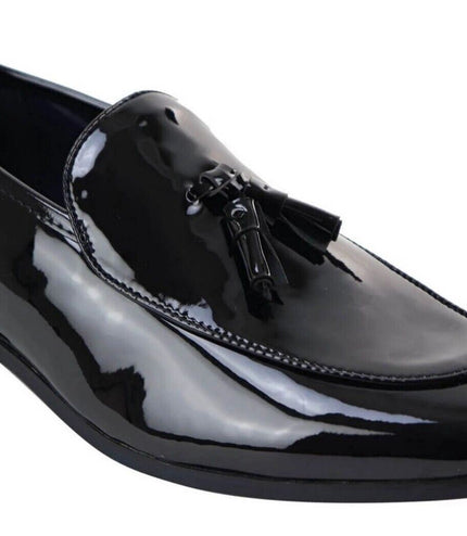 Mens Tasselled Black Patent Leather Slip On Loafers