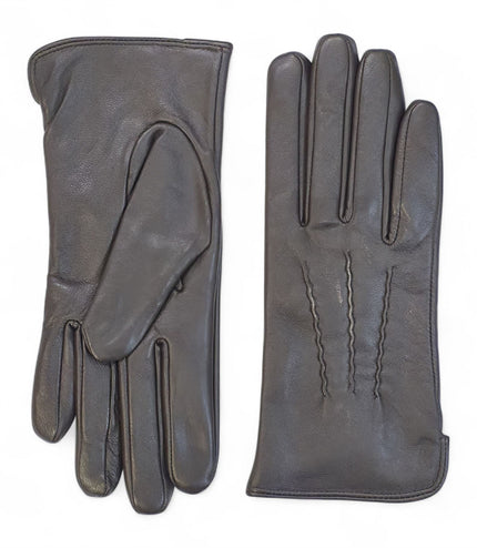 Womens Brown Italian Leather Winter Stitch Line Design Soft Wool Lining Gloves - L-GLV-301
