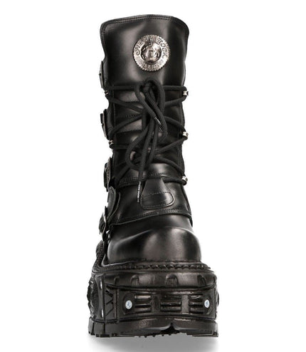 New Rock Unisex Black Leather Combat Platform Boots - TANK373-S1