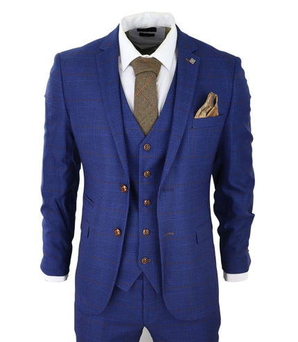 Mens Blue Brown Check 3 Piece Tailored Fit Suit