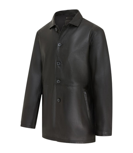Men's Black Leather Long Collared Car Coat Jacket - Berry