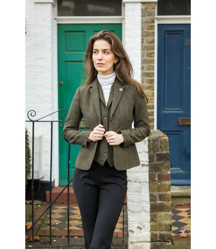 Women's Olive 2 Piece Set Tweed Blazer Waistcoat in Herringbone Check
