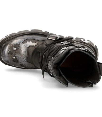 New Rock Flame Accented Black/Silver Leather Biker Boots - 107-S2