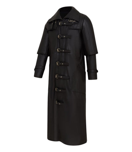 Mens Black Leather Full Length Buckle Gothic Long Trench Coat - Captain