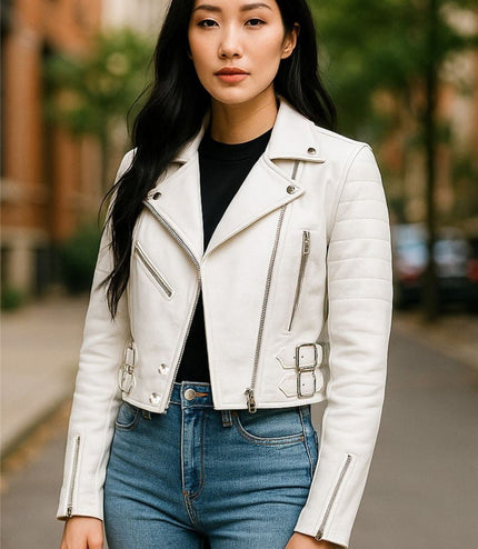 Womens Cropped Brando Leather Biker Jacket-Damascus - White