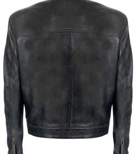 Men's Classic Fitted Leather Biker Jacket-Austin - Grey