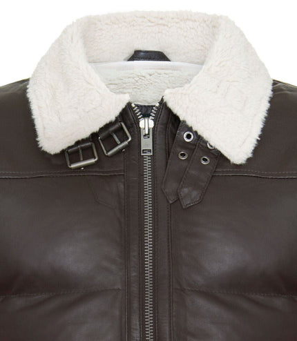 Men's Leather Quilted Biker Puffer Jacket - BrasÃ­lia - Brown