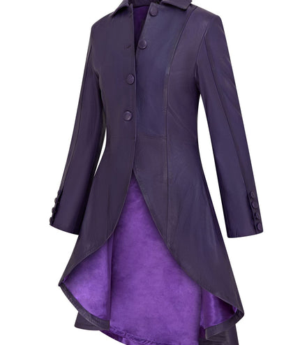 Womens Gothic Full Length Leather Coat Victorian Flare Goth Punk - Plum
