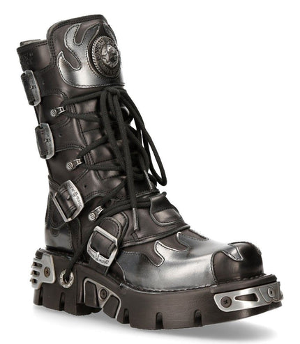 New Rock 591-S2 black and silver gothic leather boot three-quarter view