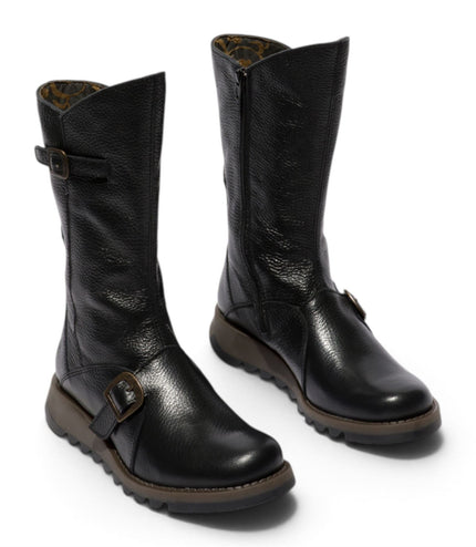 Fly London Womens Black Leather Mid-Calf Long Boots - MES2913