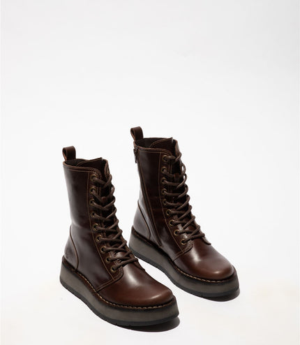 Fly London Womens Brown Rami043 Casual Leather Lace-Up Ankle Dress Boots