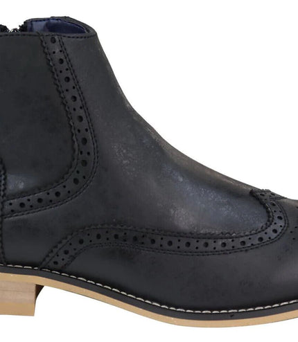 Mens Black Leather Brogue Zip Up Chelsea Boots