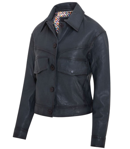 Womens Vintage Classic Lamb Leather Collared Biker Jacket - Navy