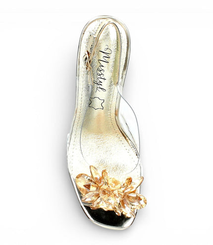 Laura Vita Women's Mira 01 Clear Golden Slip-On Cinderella Heel Sandals