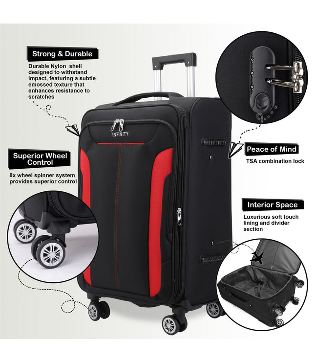 Black Expandable Soft Shell Suitcase 8 Wheel Luggage Set Travel Light Carry On Cabin Bag