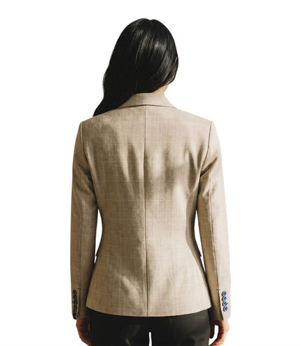 Women's Cream Check Wool Blend Herringbone Tweed Tailored Blazer - Caridi