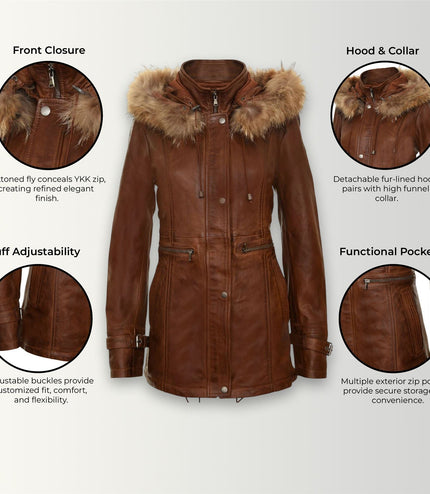 Womens Warm Leather Hooded Parka Jacket-Northwich - Tan