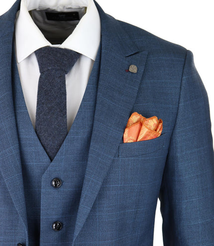 Mens 3 Piece Blue Suit Prince Of Wales Check Classic Light Tailored Fit Modern
