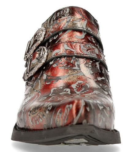 New Rock Embossed Black/Red Leather Buckled Shoes -7960-S5