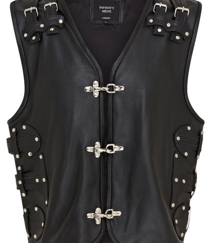 Men's Black Biker Leather Waistcoat Metal Buckles Vest - Coolgardie