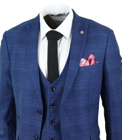 Mens 3 Piece Blue Birdseye Check Classic Suit