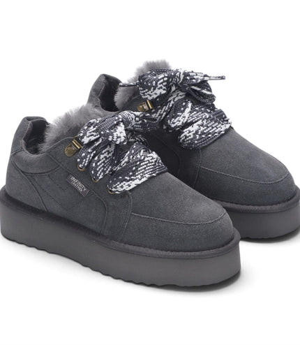 Women’s Grey Genuine Sheepskin Fur-Lined Winter Wedge Trainers - Moonstone