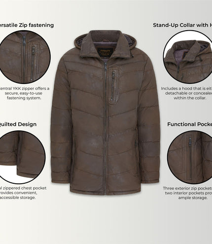 Men's Brown Leather Quilted Jacket Hooded Puffer Winter Coat - Olyic