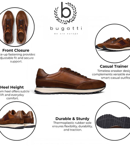 Bugatti Men's Tan Brown Leather Lace-Up Trainer Sneaker Shoes - Timon