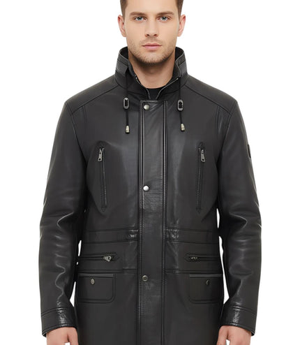 Mens Soft Italian Leather Parka Coat-Winnipeg - Black