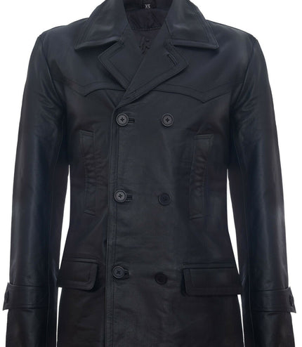 Mens Cowhide Leather Peacoat-Krakaw - Black