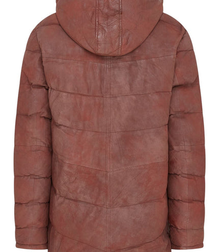 Men's Tan Brown Leather Quilted Jacket Hooded Puffer Winter Coat - Olyic