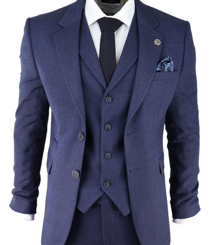 Mens Navy Blue 3 Piece Tweed Herringbone Suit Peaky Blinders Classic Tailored